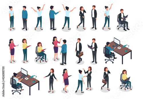 Isometric people. Men and women in business and casual clothes, office worker various postures in workspace. 3d isolated vector characters. Male and female characters with suitcase, shaking hands