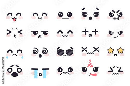 Kawaii cute faces. Japanese manga emotions fear, crying and anger, apathy and death, joy and surprise anime doodle isolated vector set. Face with sunglasses, star eyes, birthday hat
