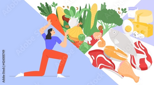 Flat vector illustration with dietetic products or organic products or balanced nutrition.
