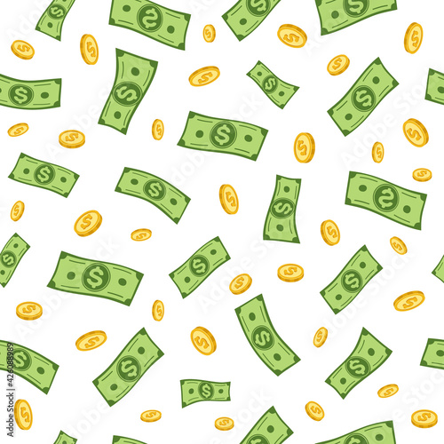 Falling dollars. Flying dollar banknotes, gold coins seamless pattern, cash confetti. Banking, investment and financial vector texture. Big win or fortune background. Prize or jackpot