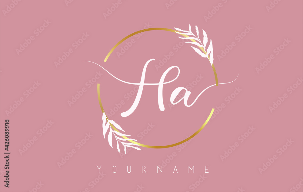 HA h a Letters logo design with golden circle and white leaves on branches around. Vector Illustration with H and A letters. HA h a Letters logo design with golden circle and white leaves on branches around. Vector Illustration with H and A letters.