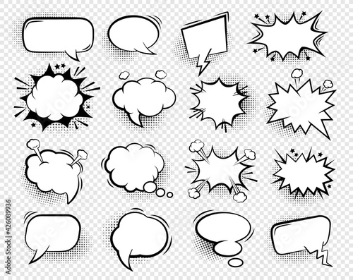 Comic speech bubbles. Blank talk clouds for dialog text with halftone shadows, cartoon empty white thought balloons vintage Vector set. Empty elements of different shape for conversation
