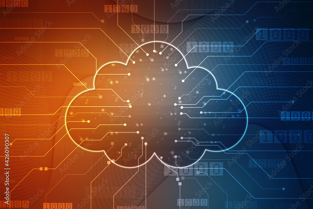 2d illustration of Cloud computing, Digital Cloud computing Concept background. Cyber technology, internet data storage, database and mobile server concept