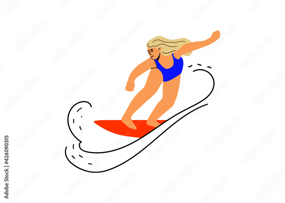 Surfing blond woman in blue swiming suit flat style.Trendy Vector illustration