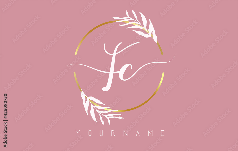FC f c Letters logo design with golden circle and white leaves on branches around. Vector Illustration with F and C letters.