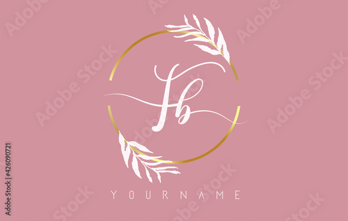 FB f b Letters logo design with golden circle and white leaves on branches around. Vector Illustration with F and B letters.