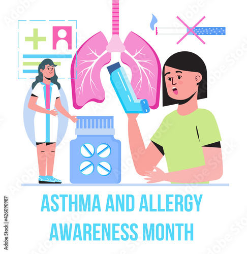 Asthma and allergy awareness month concept vector. Medical event is observed in May. Asthmatic syndrome for health care banner, flyer. Patient, doctor, disease icons