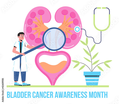 Bladder cancer awareness month concept vector. Event celebrated in May. Info-graphic of pyelonephritis, diseases. Kidneys, cystitis, bladder icons. Nephropathy, renal failure