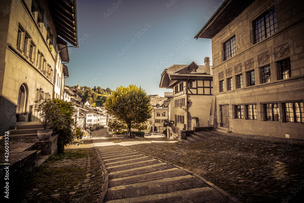 Wide angle shot of the streets of the old town of Fribourg, shot in Fribourg, Switzerland