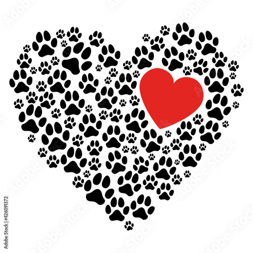 Lovely heart shape with pet footprint. - funny  vector saying. Good for scrap booking  posters  textiles  gifts  t shirts. Adorable Dog paws.
