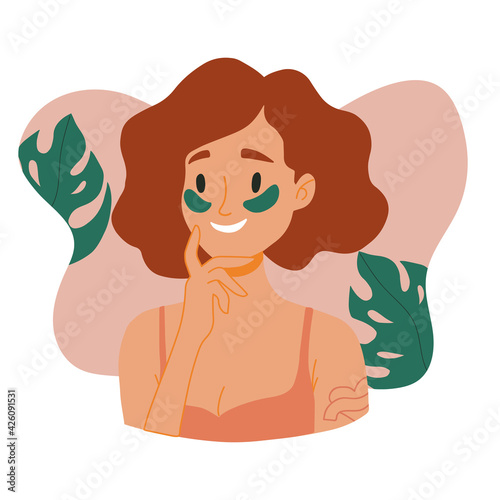 Skin care routine. Young girl face skin, organic natural cosmetic products. Korean cosmetics. Woman portrait with face mask, care supplies. Beauty procedures vector cartoon icon. Face care.