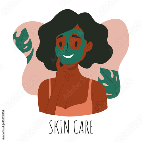 Skin care routine. Young girl face skin, organic natural cosmetic products. Korean cosmetics. Woman portrait with face mask, care supplies. Beauty procedures vector cartoon icon. Face care.
