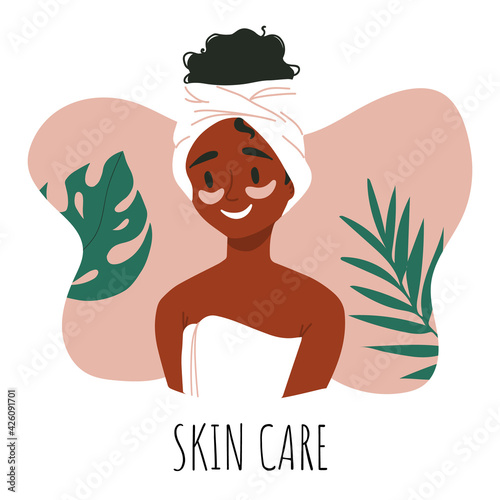 Skin care routine. Young girl face skin, organic natural cosmetic products. Korean cosmetics. Woman in towel portrait with eye patches, care supplies. Beauty procedures vector cartoon icon. Face care.