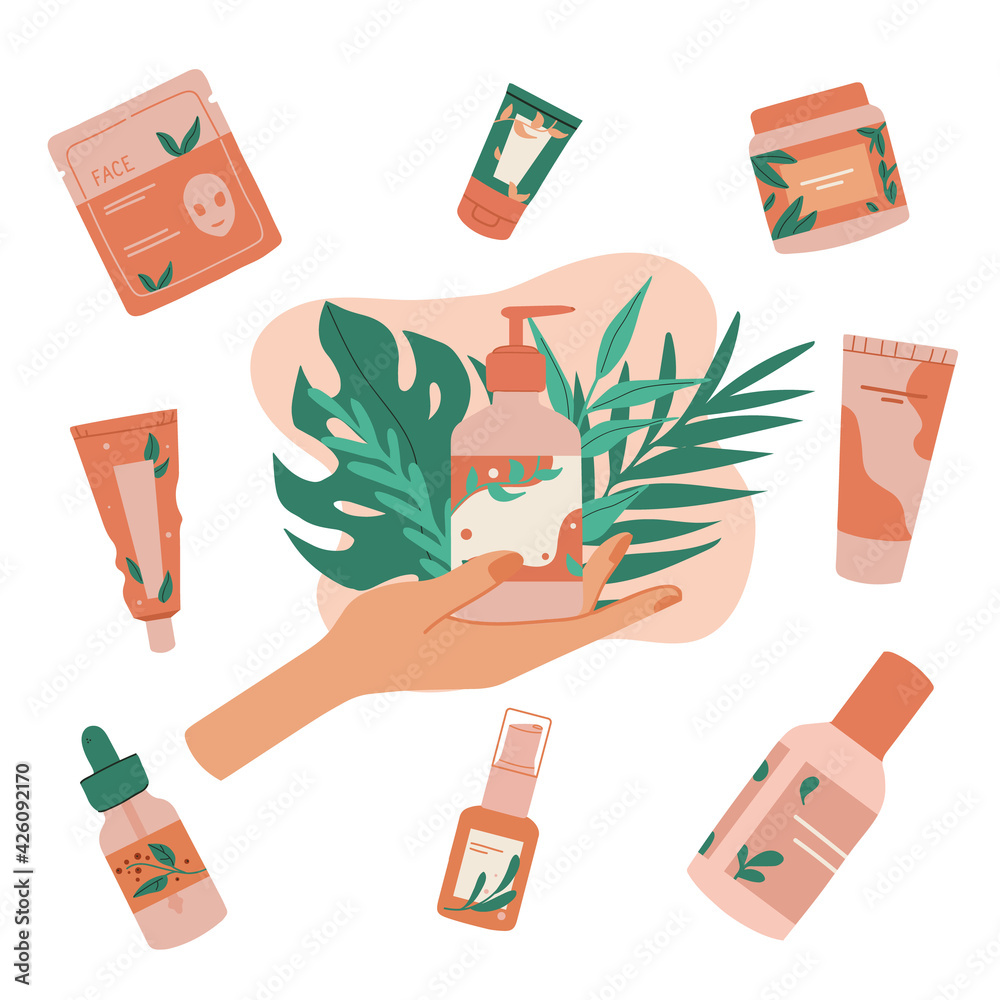 Hand skin care. Natural eco products, cream, foam. Female hand holding beauty product. Organic