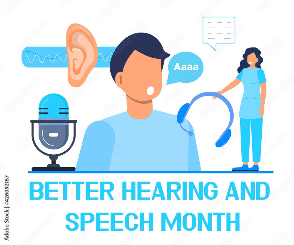 Better hearing and speech month concept vector. BHSM event is observed each year in May. Tiny doctors treat and examine patient ear. Otolaryngology, speech therapist health care