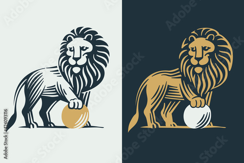 Lions with a sphere or ball under one paw retro engraved emblem.