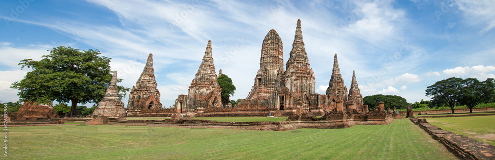 Panorama Ayutthaya historical park.The Most Famous temple.that major tourist attraction of Ayutthaya.