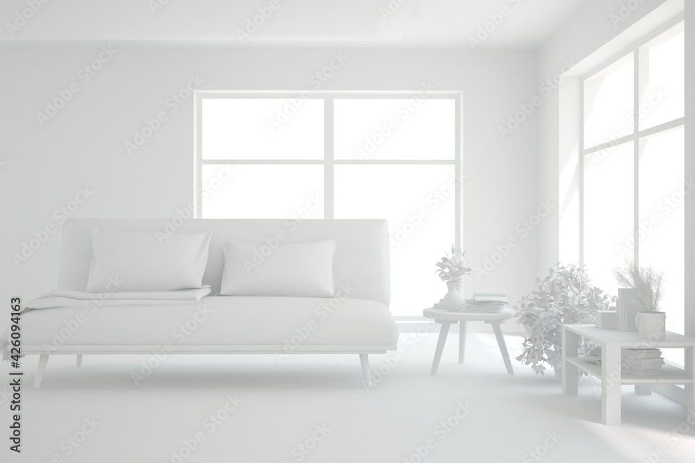 Fototapeta premium White minimalist living room with sofa. Scandinavian interior design. 3D illustration