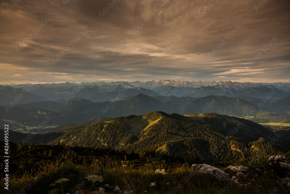 Sunrise panorama view at Benediktenwand mountain, Bavaria, Germany