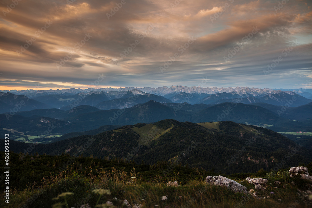 Fototapeta premium Sunrise panorama view at Benediktenwand mountain, Bavaria, Germany