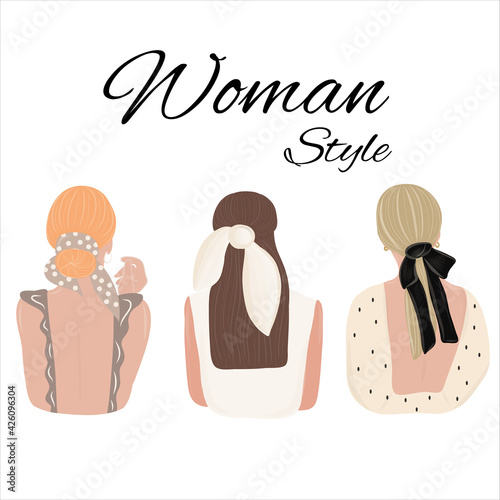 Womens hairstyle with accessories on an isolated background. Hairstyles with a scarf. Look from behind. Rear view. Women dressed in different clothes.