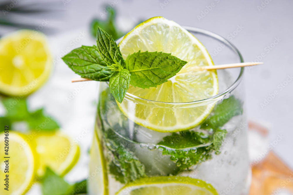 Refreshing mojito with lime, mint and ice in a glass close up. Cold summer cocktail Refreshing mojito with lime, mint and ice in a glass close up. Cold summer cocktail