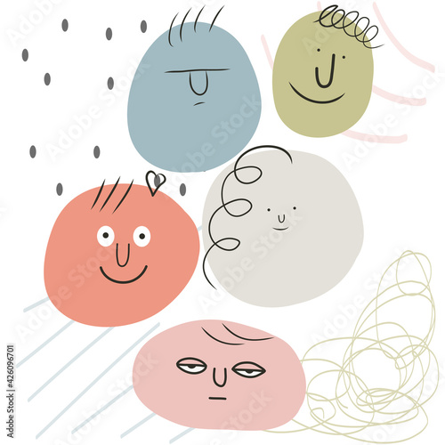 Round abstract comic Faces with various Emotions. Contemporary hand drawn vector illustration