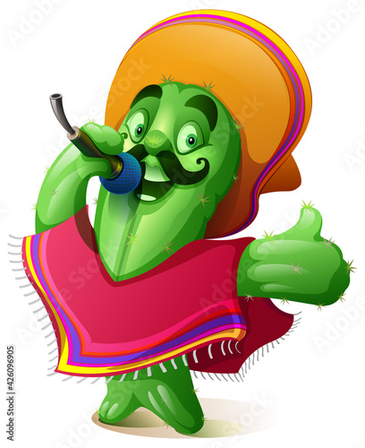 Green cactus in traditional mexican clothes poncho and sombrero singing karaoke. Cinco de mayo fiesta festival