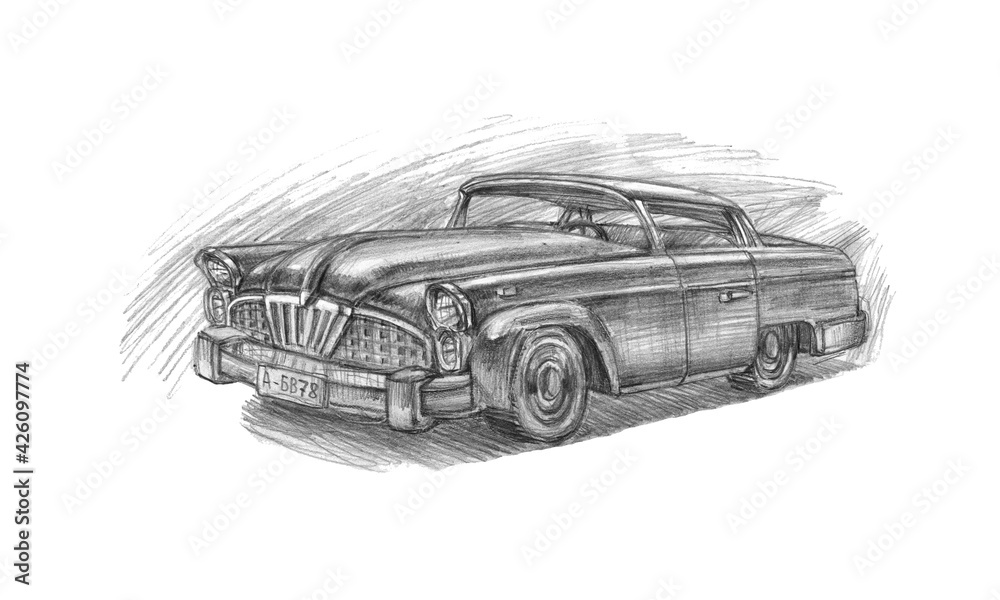 Fototapeta premium old American retro car of the 50s-60s with chrome details, graphite pencil illustration, isolated on a white background in hand drawn style