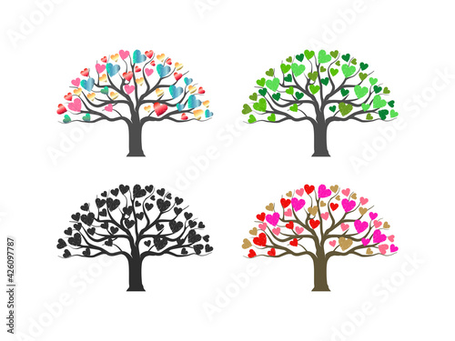 colorful tree with heart shaped image,  vector hand drawn.
