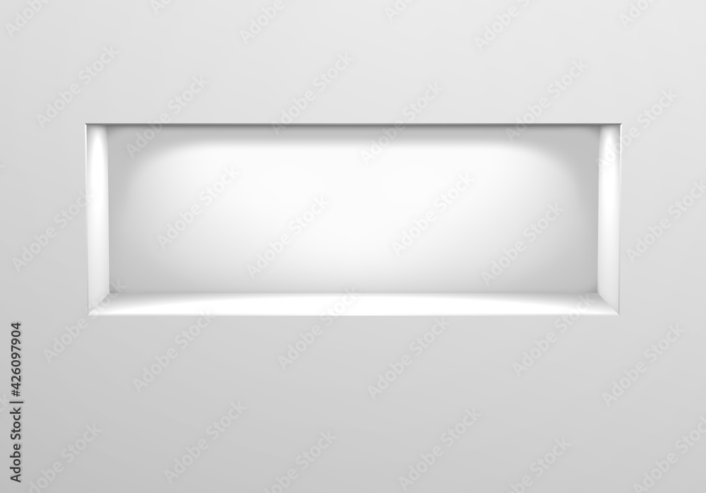 Lightened wall niche or shelf in the wall. Wide shelf with lamp.