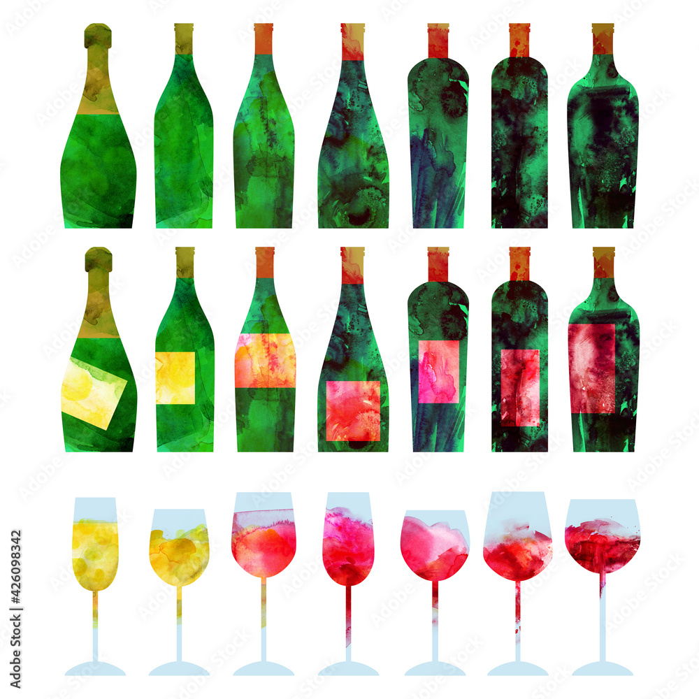 Watercolor abstract wine set with red, white wine bottles and glasses Watercolor abstract wine set with red, white wine bottles and glasses