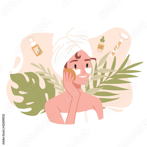 Skin care routine. Young girl face skin, organic natural cosmetic products. Korean cosmetics. Woman in towel portrait with eye patches, care supplies. Beauty procedures vector cartoon icon.