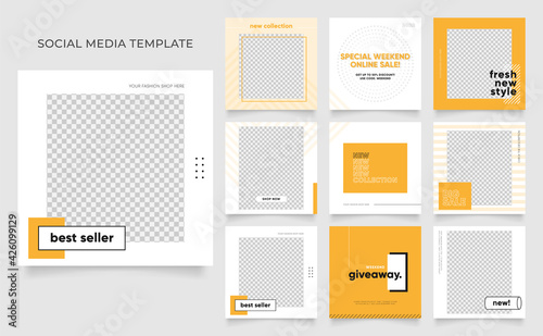social media template banner blog fashion sale promotion. fully editable instagram and facebook square post frame puzzle organic sale poster. fresh yellow element shape vector background