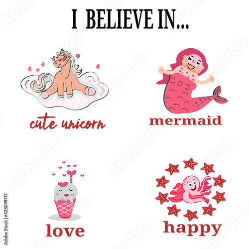 Fototapeta Naklejka Na Ścianę i Meble -  little mermaid ,a unicorn, octopus hand drawn girlish isolated illustration for t-shirts, phone case, mugs, baby shower, wall art. text