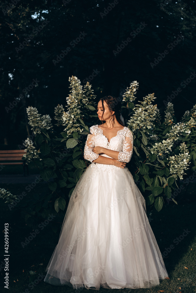 Portrait of the bride in a white dress. Photoshoot in the garden. Portrait of the bride in a white dress. Photoshoot in the garden.