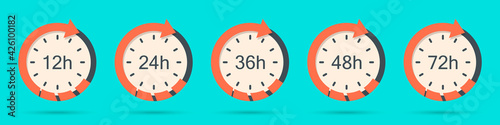 Set of clock arrow 12, 24, 36, 48, 72 hours in a flat design