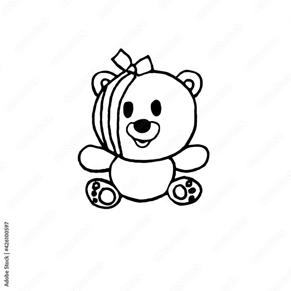 A teddy bear with a bandaged head, black and white hand-drawn illustration. The child is in pain! EPS10 vector.