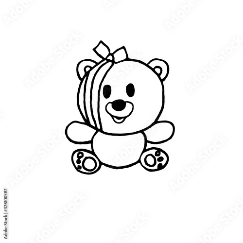A teddy bear with a bandaged head, black and white hand-drawn illustration. The child is in pain! EPS10 vector.
