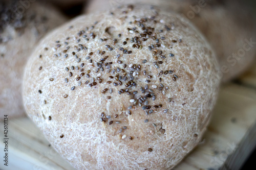 homemade whole wheat and buckwheat bread on wooden board