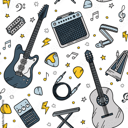 Guitar music seamless pattern in Doodle style
