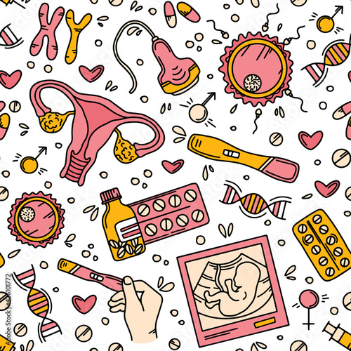 Pregnancy seamless pattern in Doodle style, prenatal care