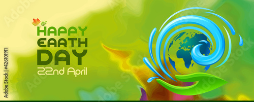 Earth Day with a green background and a splash of water.