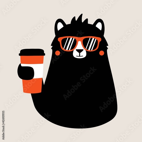 Vector illustration with black bear in sunglasses holding red coffee to go cup. Trendy print design with animal, cafe menu sticker and wall decoration poster