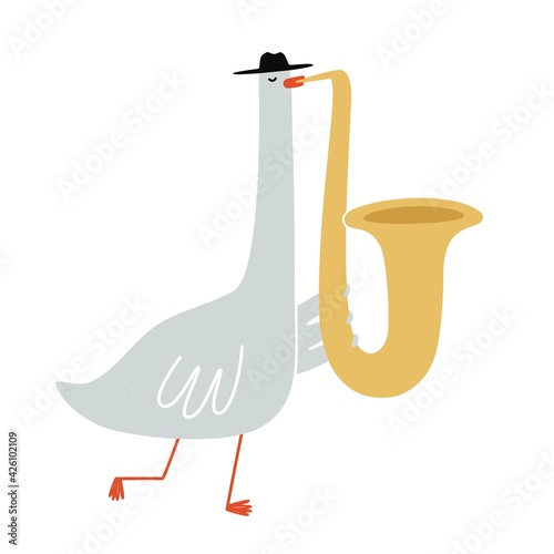 Vector illustration with goose playing saxophone. Colored music print design with animal and music instrument