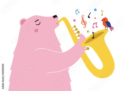 Vector illustration with pink bear plays the saxophone, red bird and musical notes. Colored music print design with animals and music instrument