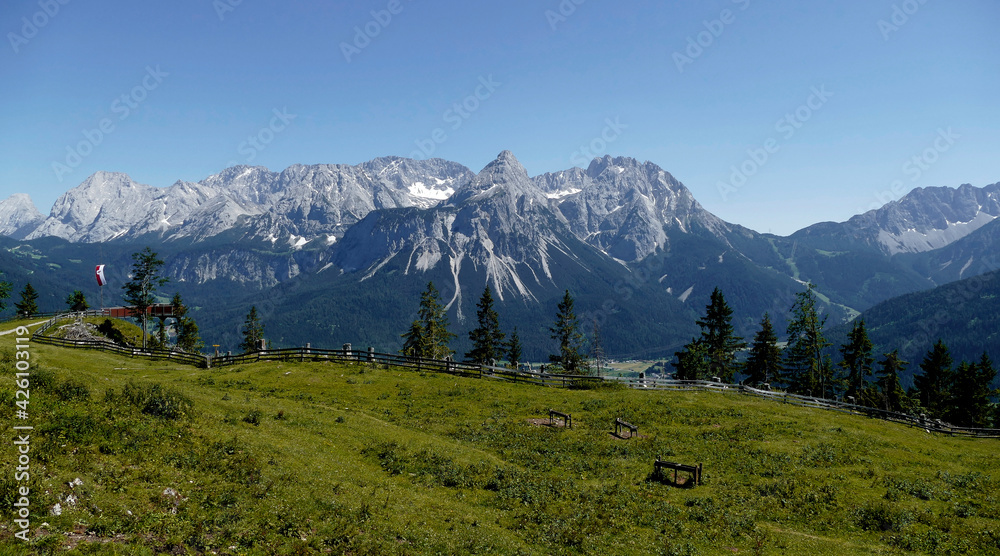 Zugspitze mountain and Ehrwalder Sonnenspitze mountain in Tyrol, Austria