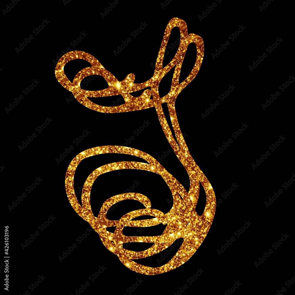 Calligraphy isolated golden letter S on the black background, part of alphabet, for logo, signature