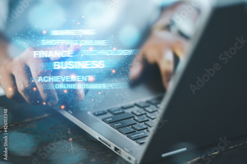 Business men pointing to messages about business ideas Business growth message Online shopping Use of technology
