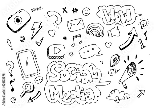 Hand drawn vector illustration of set of social media sign and graffiti element symbols for concept design.